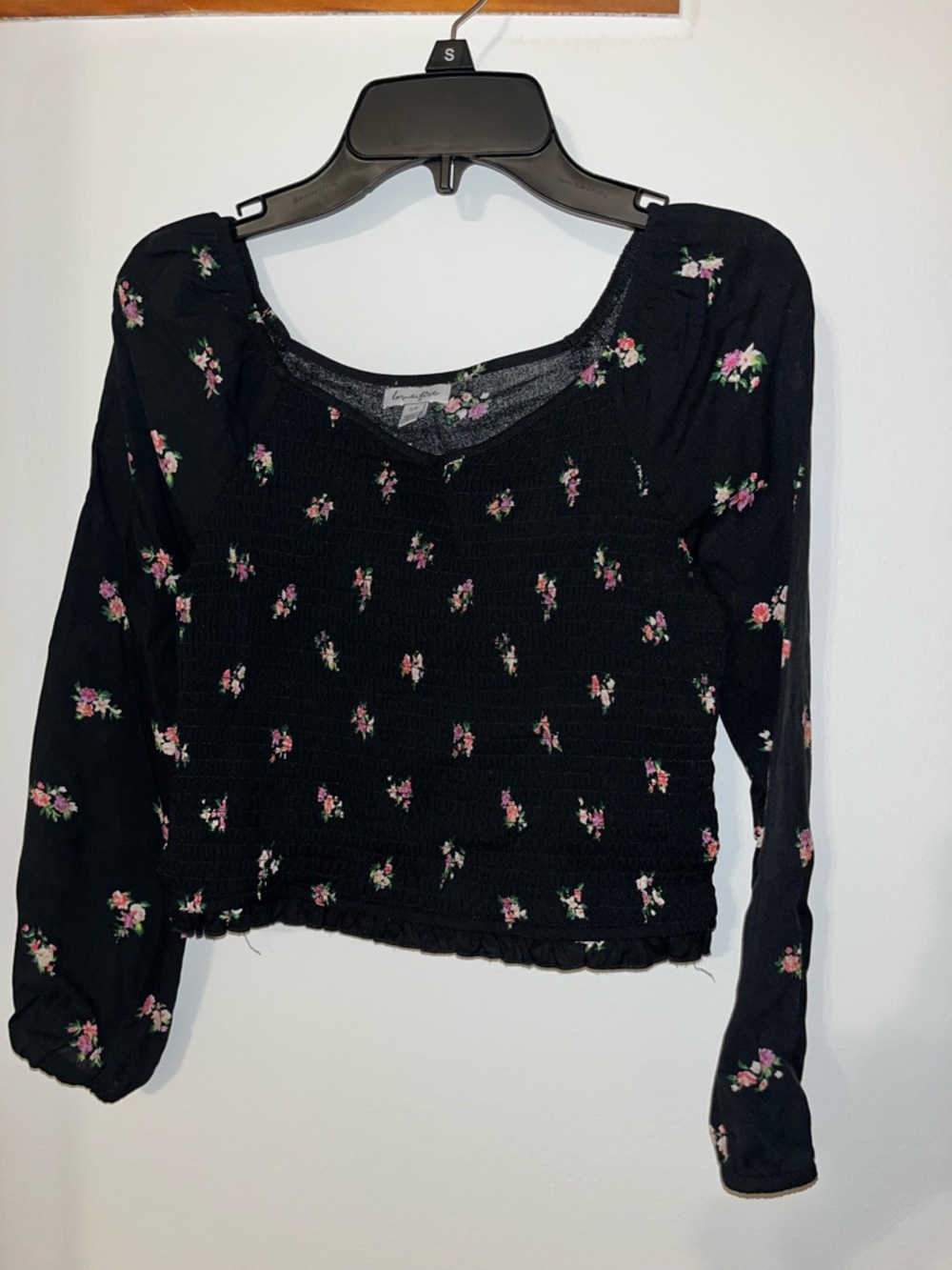 Love Tree Black Floral Smocked Long-Sleeve Top with Pink Roses